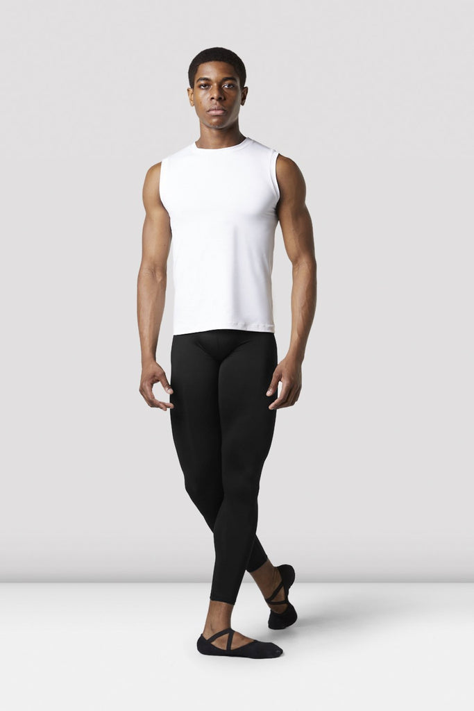 Black Bloch Mens Full Length Dance Tight on male model in classical position with arms by side with white top