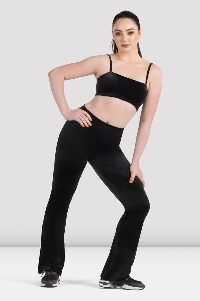Bloch Luxe Touch Bandeau Bra in black paired wih Luxe Touch Kick Flare Legging on female model