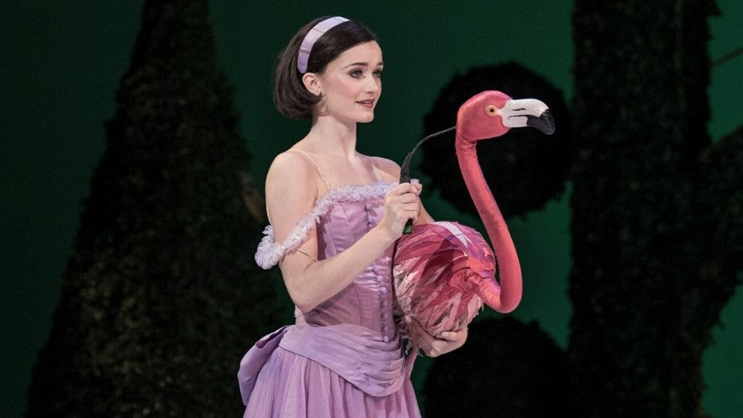 Ballet dancer Anna O'Sullivan dancing in performance costume on stage holding a faux flamingo as a prop
