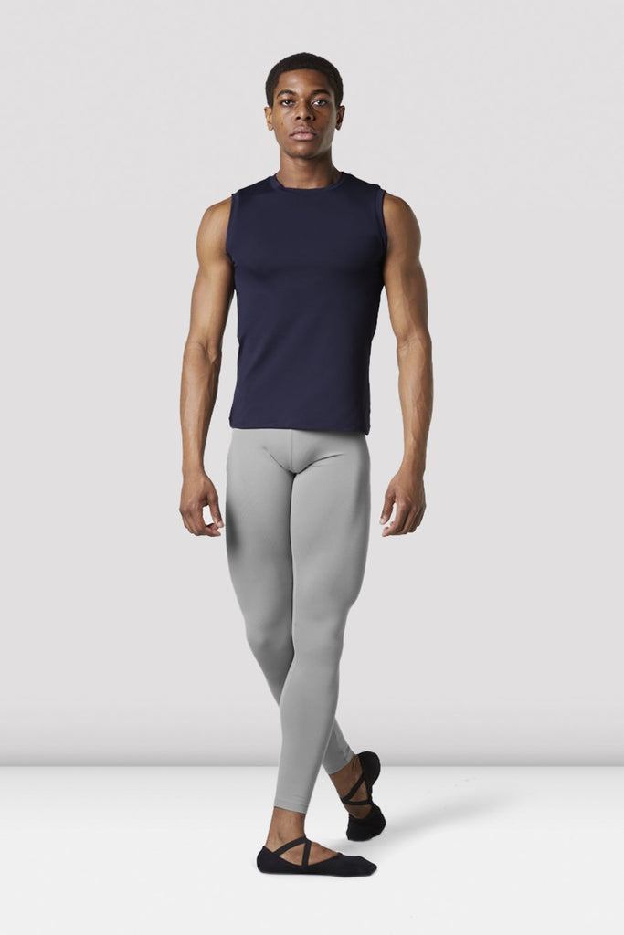 Gun metal Bloch Mens Full Length Dance Tight on male model in classical position with arms by side with navy top