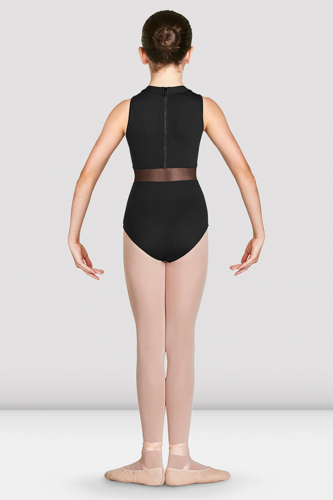 Black Bloch Girls Adrika High Neckline Zip Back Tank Leotard on female model in first position with arms in demi bras facing back