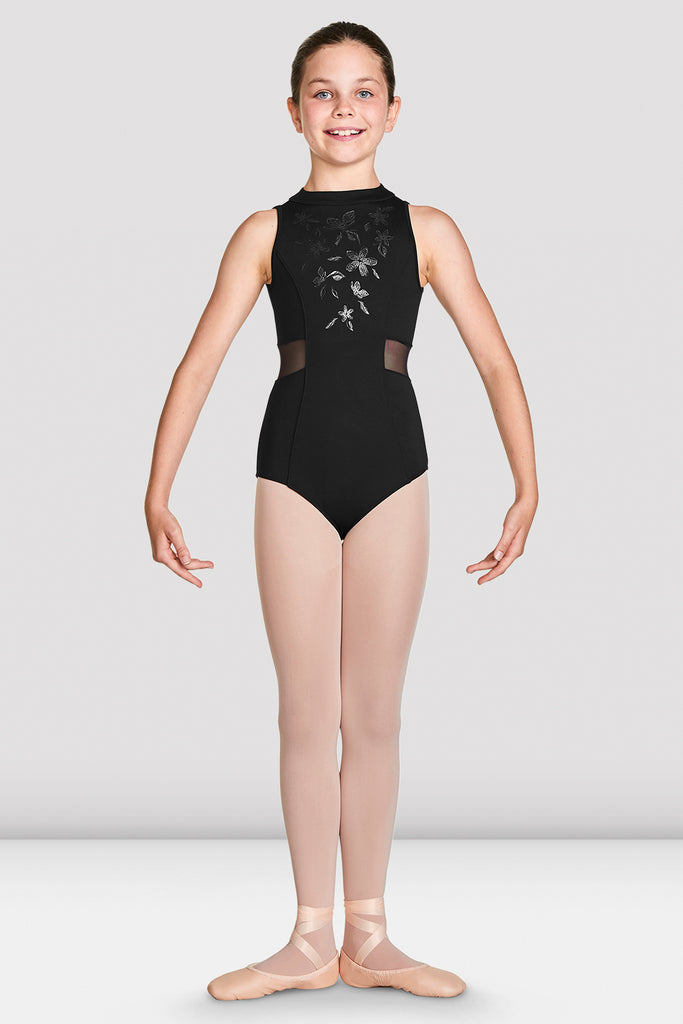 Black Bloch Girls Adrika High Neckline Zip Back Tank Leotard on female model in first position with arms in demi bras